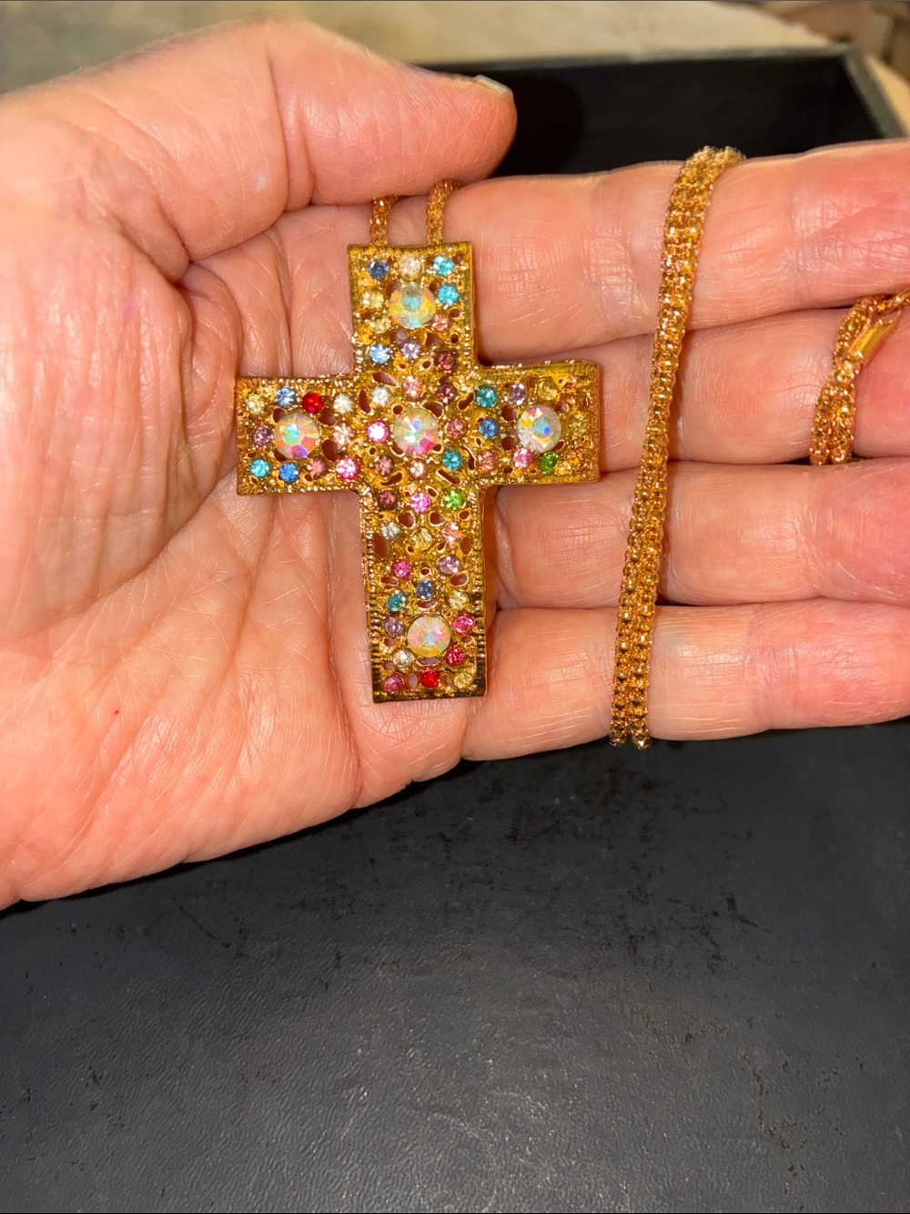 Gold Cross with Multicolor Rhinestones - Picture 3 of 9
